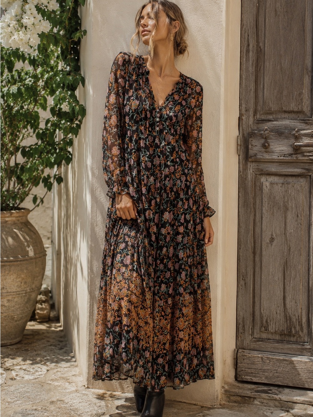 Free People Floral Sheer Boho Maxi Dress Black Multi Size M NWT